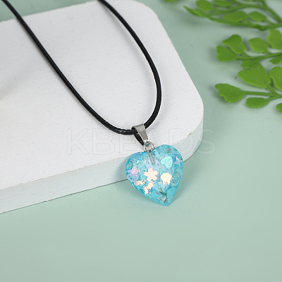 Luminous Heart with Paillette Inside Pendant Black Wax Cord Necklaces FS-WGF75A0-02-1