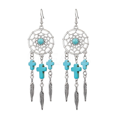 Cross Synthetic Turquoise Dangle Earrings EJEW-JE06330-01-1