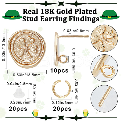 10Pcs Flat Round with Clover Brass Stud Earring Findings DIY-BBC0001-36-1