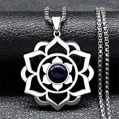 Chakra Lotus Flower 201 Stainless Steel Pave Synthetic Blue Goldstone Pendant Necklaces for Women NJEW-K283-26P-1