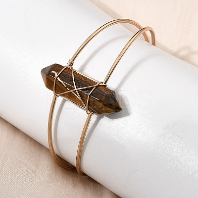 Brass Wire Wrapped Natural Tiger Eye Hexagon Point Cuff Bangles for Women BJEW-L719-01G-03-1