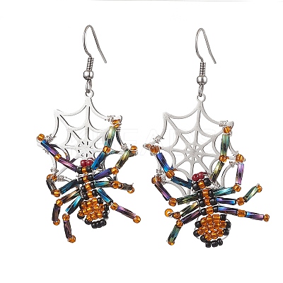 Halloween Braided Glass Seed Beads & 201 Stainless Steel Dangle Earrings EJEW-MZ00158-1