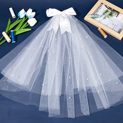 Bowknot Polyester Long Mesh Tulle Bridal Veils OHAR-WH20005-06-1