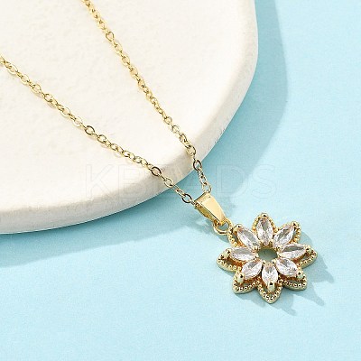 Brass Micro Pave Clear Cubic Zirconia Flower Pendant Neckalces for Women NJEW-S448-05G-1