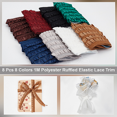 8Pcs 8 Colors 1M Polyester Ruffled Elastic Lace Trim OCOR-NB0001-93B-1