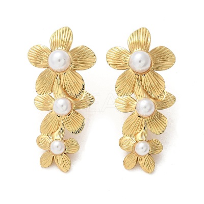 304 Stainless Steel & ABS Plastic Imitation Pearl 3 Flowers Stud Earrings EJEW-S253-21G-1