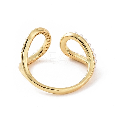 Clear Cubic Zirconia Hollow Out Teardrop Open Cuff Ring with ABS Plastic Imitation Pearl Beaded RJEW-G283-03G-1