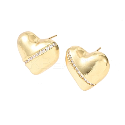 Heart Brass Micro Pave Clear Cubic Zirconia Stud Earrings EJEW-D346-03G-1
