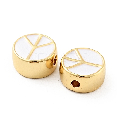Flat Round with Peace Sign Brass Enamel Beads KK-G419-05G-04-1