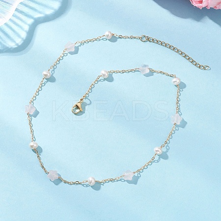 Natural Rose Quartz Star & Natural Freshwater Pearl & Brass Link Chain Necklaces NJEW-JN05687-01-1