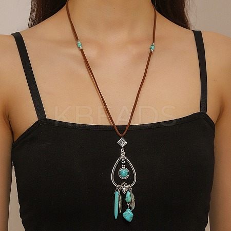 Bohemian Style Alloy Feather & Synthetic Turquoise Heart Long Pendant Necklaces for Women NJEW-G158-01A-1