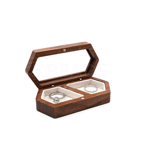 2-Slot Hexagon Walnut Wood Magnetic Wedding Ring Gift Case PW-WG25060-02-1