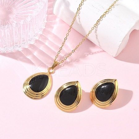 304 Stainless Steel Enamel Teardrop Stud Earrings & Pendant Necklaces Sets for Women SA-CBA46AF-21G-1