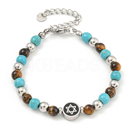 Star of David  304 Stainless Steel & Synthetic Turquoise & Natural Tiger Eye Round Beaded Bracelets for Women BJEW-G717-07P-1