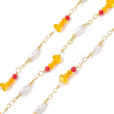 Brass Glass Bead Link Chains with ABS Imitation Pearl Beads CHS-P016-39G-07-1