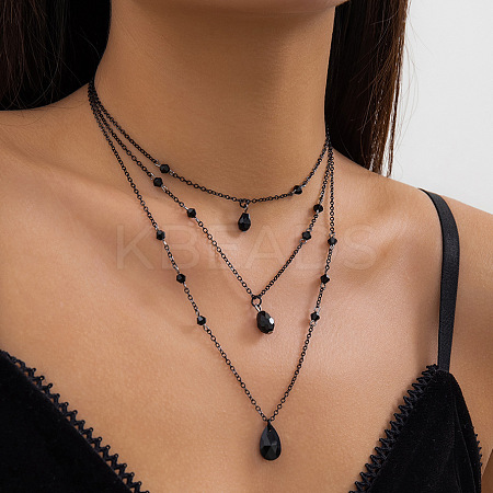 Gothic Brass & Glass Teardrop Pendant 3 Layered Necklaces for Women FS-WGECF55-05-1
