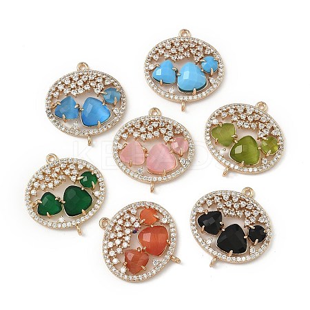 Brass Micro Pave Clear Cubic Zirconia and Glass Oval Connector Charms KK-I276-31G-A-1