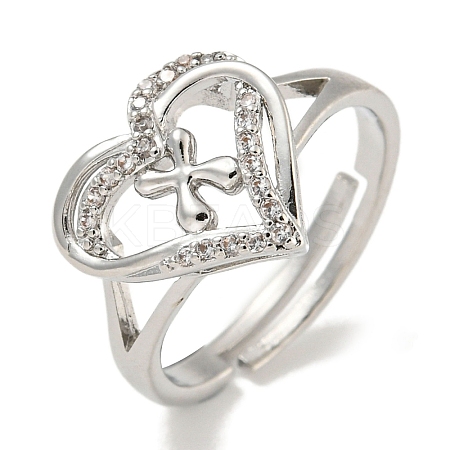 Heart with Letter Rack Plating Brass Micro Pave Clear Cubic Zirconia Adjustable Rings for Women RJEW-I105-01P-X-1