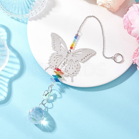 201 Stainless Steel Butterfly Shape & Rainbow Crystal Glass Hanging Suncatcher HJEW-JM04681-1