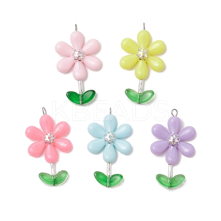 Opaque Acrylic Flower Beads with Iron Bead Caps and 304 Stainless Steel Flat Head Pins and Spray Painted Transparent Glass Beads Pendants PALLOY-JF03617-02-1