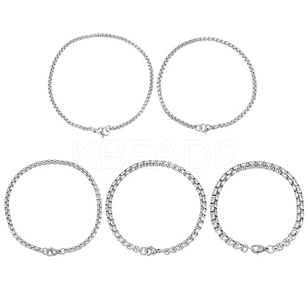 10Pcs 5 Styles 304 Stainless Steel Box Chain Bracelets BJEW-UN0001-18-1