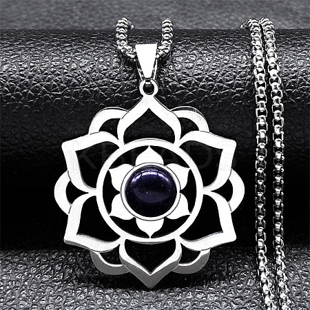 Chakra Lotus Flower 201 Stainless Steel Pave Synthetic Blue Goldstone Pendant Necklaces for Women NJEW-K283-26P-1