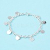 304 Stainless Steel Flat Round Charm Bracelets with Cable Chains for Women BJEW-G669-25S-2