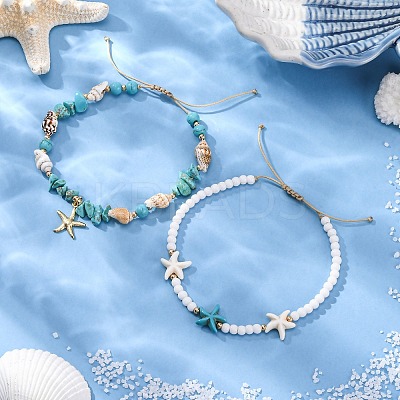 2Pcs 2 Styles Summer Beach Synthetic Turquoise & Natural Sea Shell & Glass Braided Bead Anklets AJEW-TA00039-1