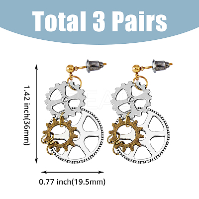 3 Set 3 Style Alloy Toothed Wheel Asymmetrical Earrings EJEW-FI0001-93-1