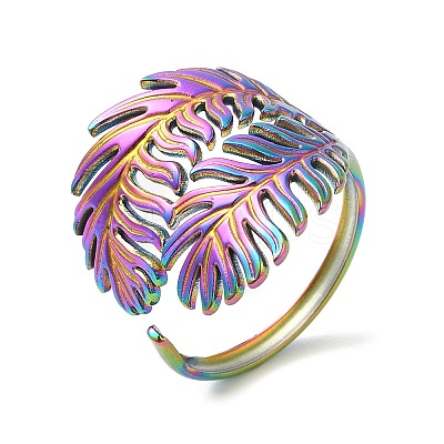 Ion Plating(IP) 304 Stainless Steel Leaf Open Cuff Ring for Women RJEW-M149-23RC-1