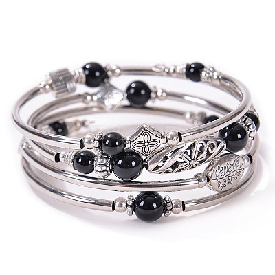 2Sets 2Pcs Bohemian Multi-Layered Natural Dyed & Heated Black Agate Wrap Bracelet Women's Jewelry MV3343-10-1