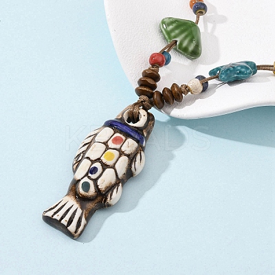 Ceramic Fish Pendant Adjustable Waxed Cord Necklaces for Women NJEW-B146-05-1