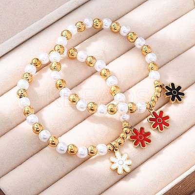 201 Stainless Steel Round Beaded Stretch Bracelets BJEW-C090-03G-F-1