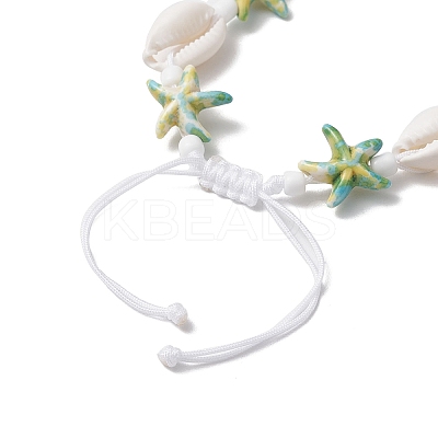 Starfish & Plumeria Synthetic Turquoise & Natural Cowrie Shell & Polymer Clay Beads Braided Bead Bracelets for Women BJEW-JB11847-1