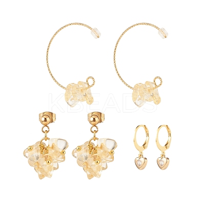 3 Pairs 3 Style Natural Citrine Chips Beaded Cluster Dangle Stud & Leverback Earrings EJEW-JE04895-02-1