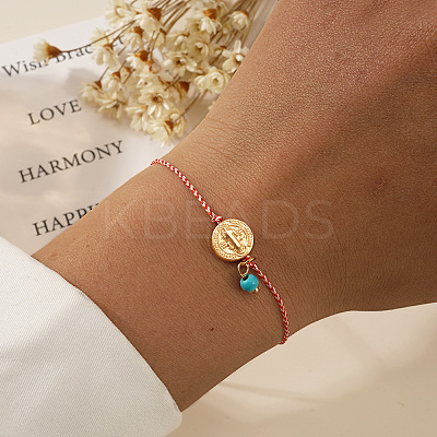 Summer Brass Cross Coin & Synthetic Turquoise Link Braided Bracelets for Women Men NW9069-2-1