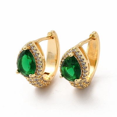 Green Cubic Zirconia Teardrop Hoop Earrings EJEW-H094-01G-1