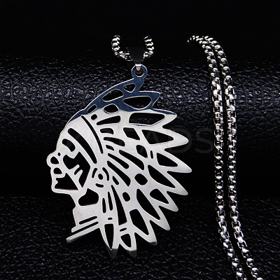 201 Stainless Steel Hollow Cut American Indian Chief Pendant Necklaces LS-NJEW-H065-13P-1