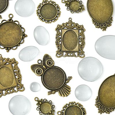 DIY Blank Owl/Round Glass & Tibetan Style Alloy Pendant Making Kits DIY-FS0006-11-1