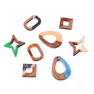 16Pcs 8 Style Opaque Resin & Walnut Wood Pendants RESI-CW0001-15-1