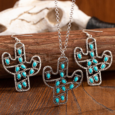 Cactus Alloy & Acrylic Pendant Necklaces & Dangle Earrings Sets FS-WG5E564-01-1