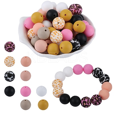 70Pcs 10 Styles Printed Round Silicone Focal Beads SIL-SZ0002-37-1