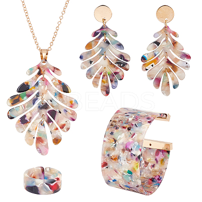 Plastic Oak Leaf Dangle Stud Earrings & Pendant Necklace & Open Bracelet & Cuff Ring AJEW-AN0007-09-1