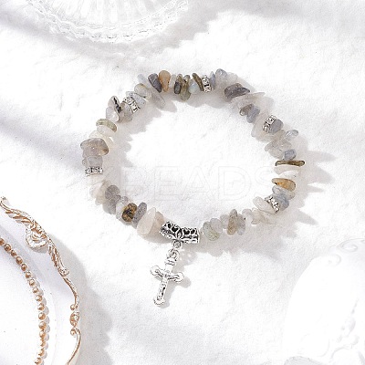 Natural Labradorite Chip Beaded Stretch Bracelets BJEW-JB12316-01-1