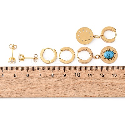 304 Stainless Steel Flat Round Stud & Hoop Earrring Set for Women EJEW-U063-03G-1