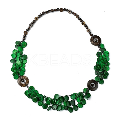 Dyed Natural Coconut Donut & Flat Round Beaded Bib Necklaces NJEW-B088-04-1