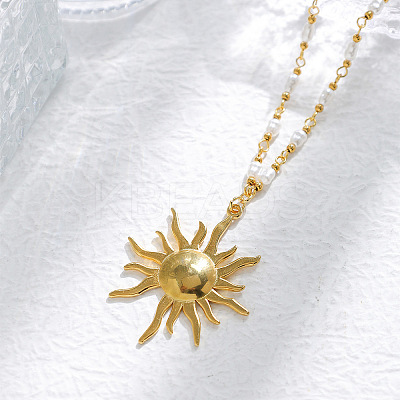 304 Stainless Steel with ABS Imitation Pearl Sun Pendant Necklaces LS-NJEW-Z107-01G-1