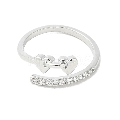Heart Brass Micro Pave Cubic Zirconia Open Cuff Ring for Women RJEW-A040-01P-1