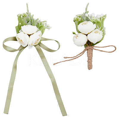 4Pcs 2 Style Silk Cloth Rose Flower Boutonniere Brooch & Wrist Corsage AJEW-HY0001-32-1