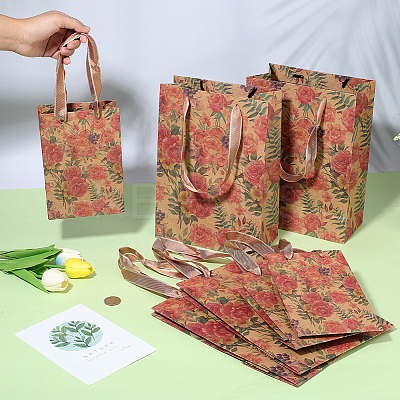 8Pcs 2 Styles Rotro Rose Flower Print Paper Packaging Tote Bags ABAG-BBC0001-32-1
